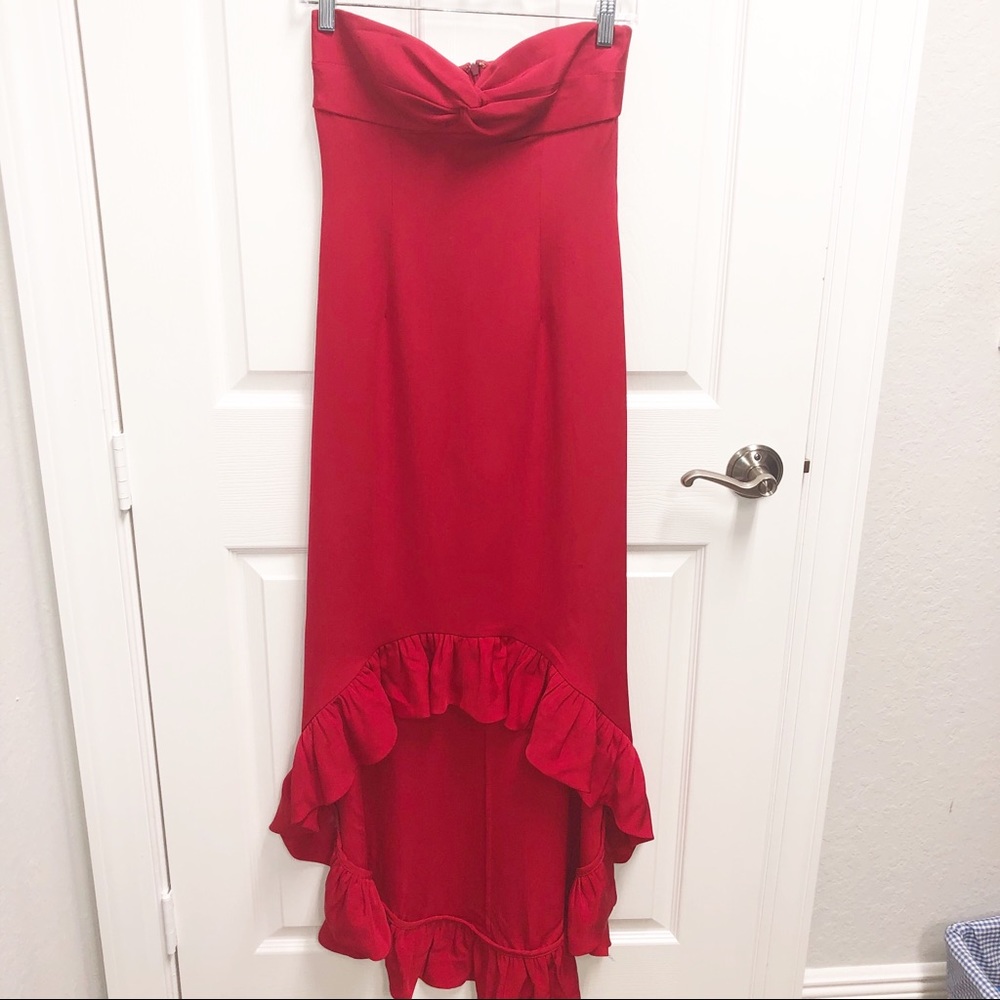 JAY GODFREY RED RUFFLE HIGH LOW STRAPLESS DRESS 2